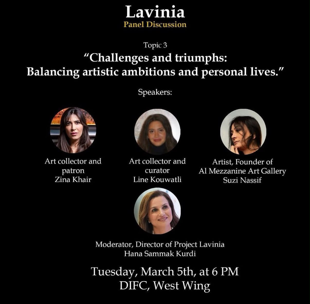 Lavinia panel poster with Zina Khair, Line Kouwatli, Suzi Nassif and moderator Hana Sammak Kurdi